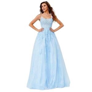 Jovani NWT Light Blue Spaghetti Strap Embroidered Prom Gown in Light Blue Size 6